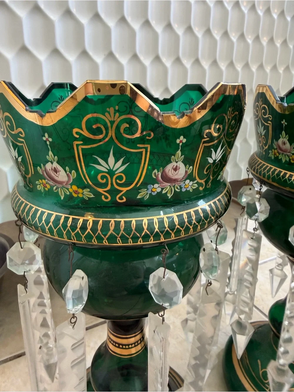 RARE Pair of Victorian Green and Gilt Art Glass Mantel Lusters